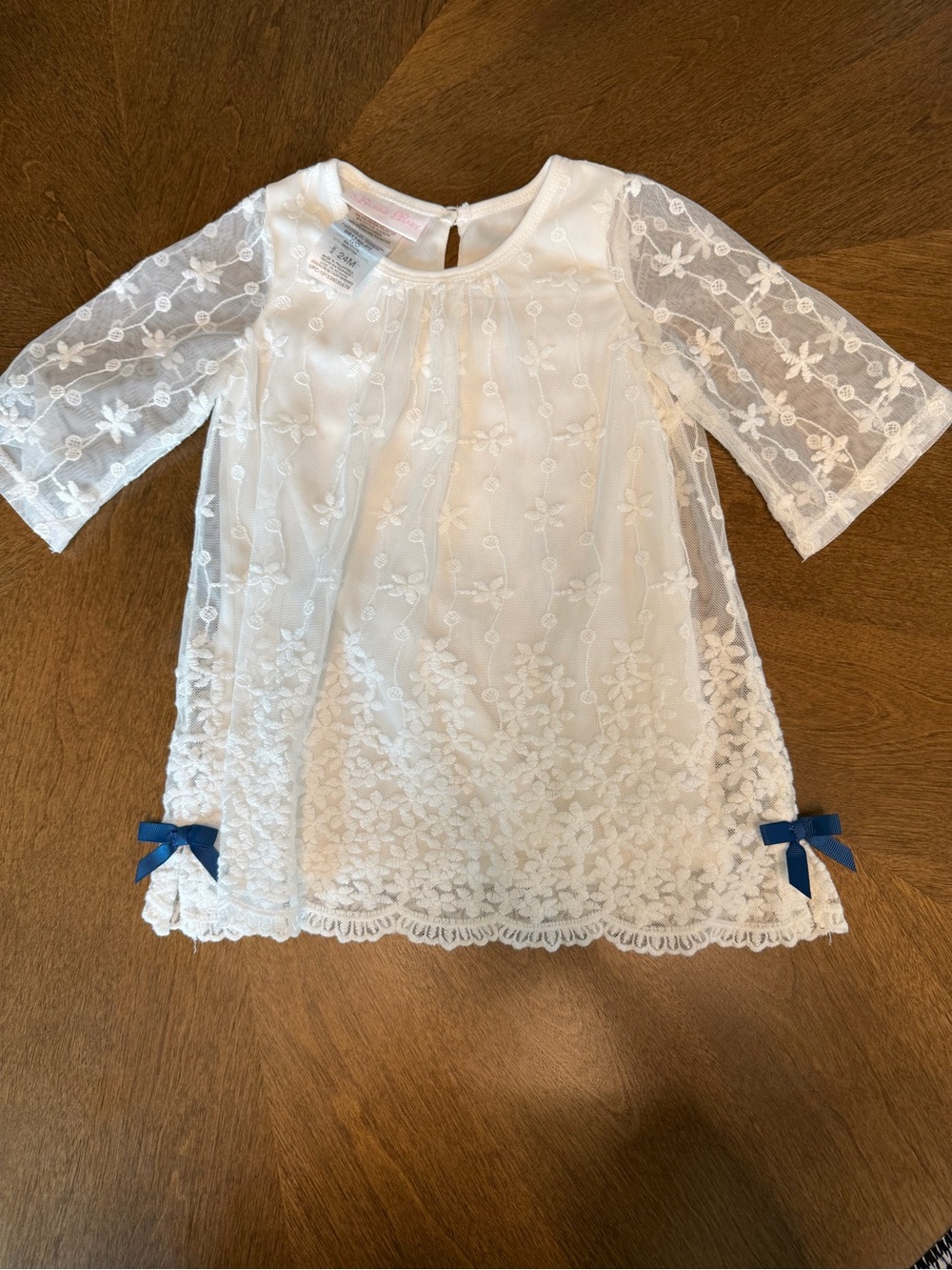 Bonnie Baby Cream Lace Dress with Blue Bows